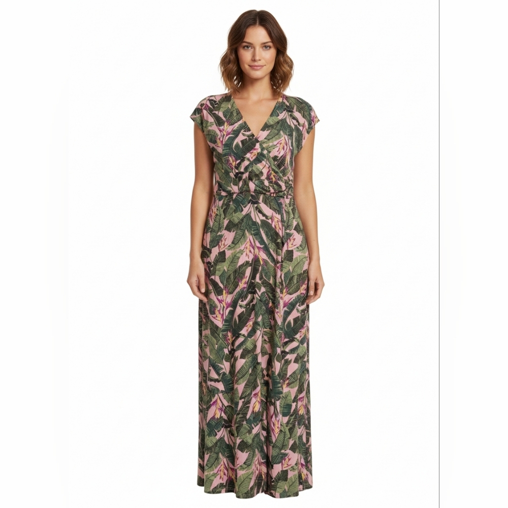 Lands' End Maxi Dress Tropical Safari Floral Faux Wrap Women's Large